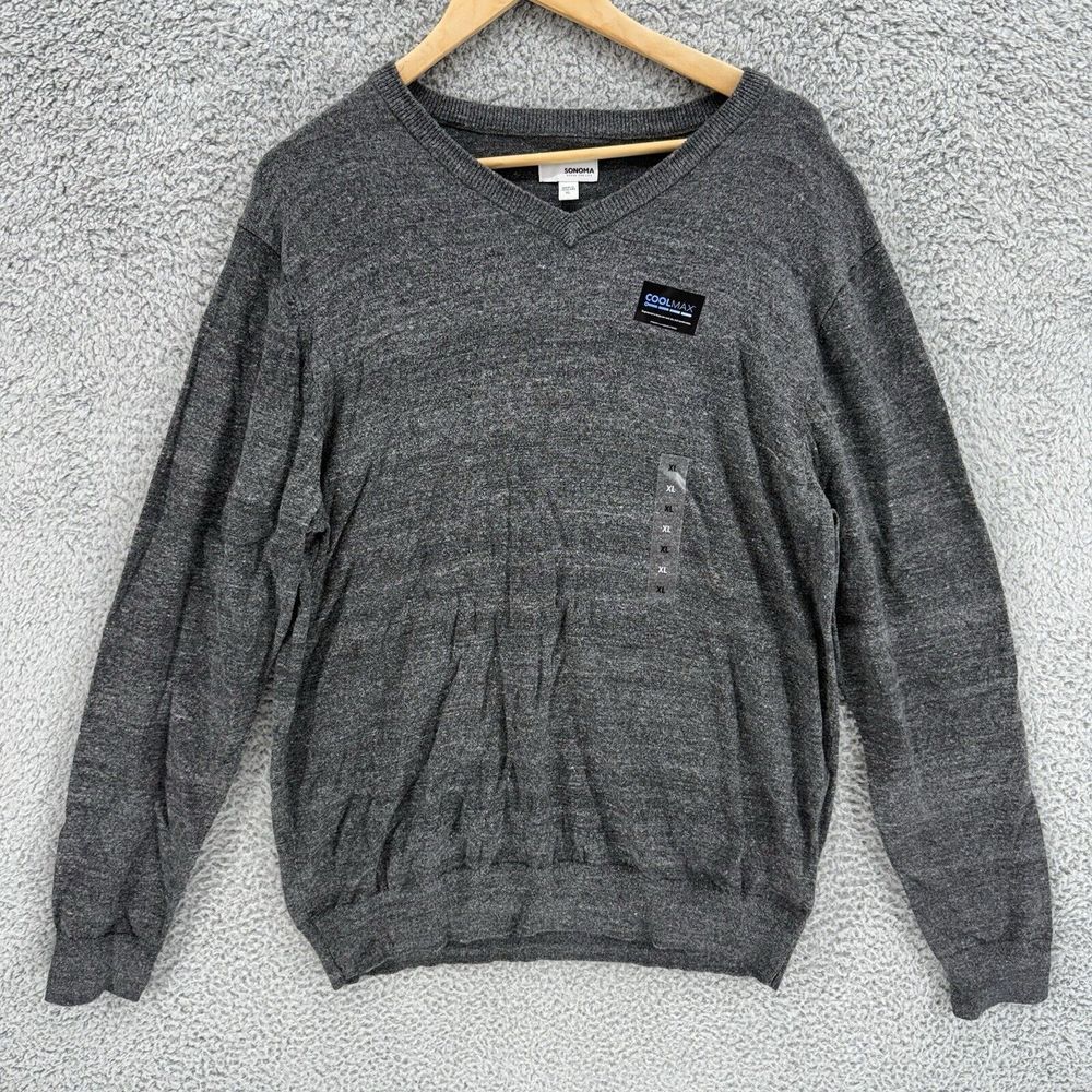 NWT Sonoma Mens XL Pullover V-Neck Coolmax Gray Heathered Long Sleeve Sweater